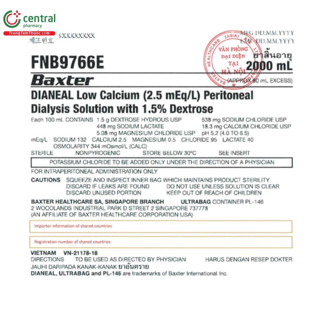 dianeal low cacium 25meq l peritoneal dialysis solution with 15 2 O5240