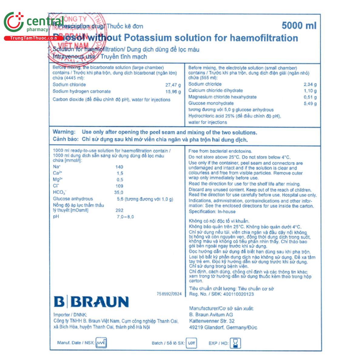 duosol without potassium solution for haemofiltration 1000ml 10 B0705 duosol without potassium solution for haemofiltration 1000ml 10 B0705