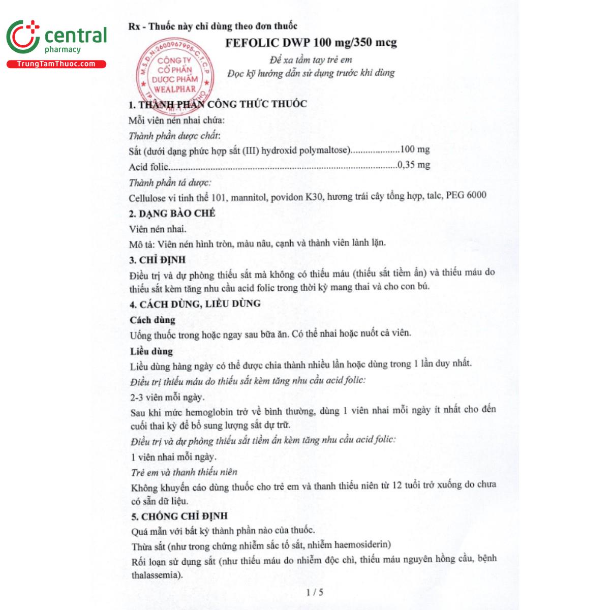 fefolic dwp 100mg 350mcg 5 H2054