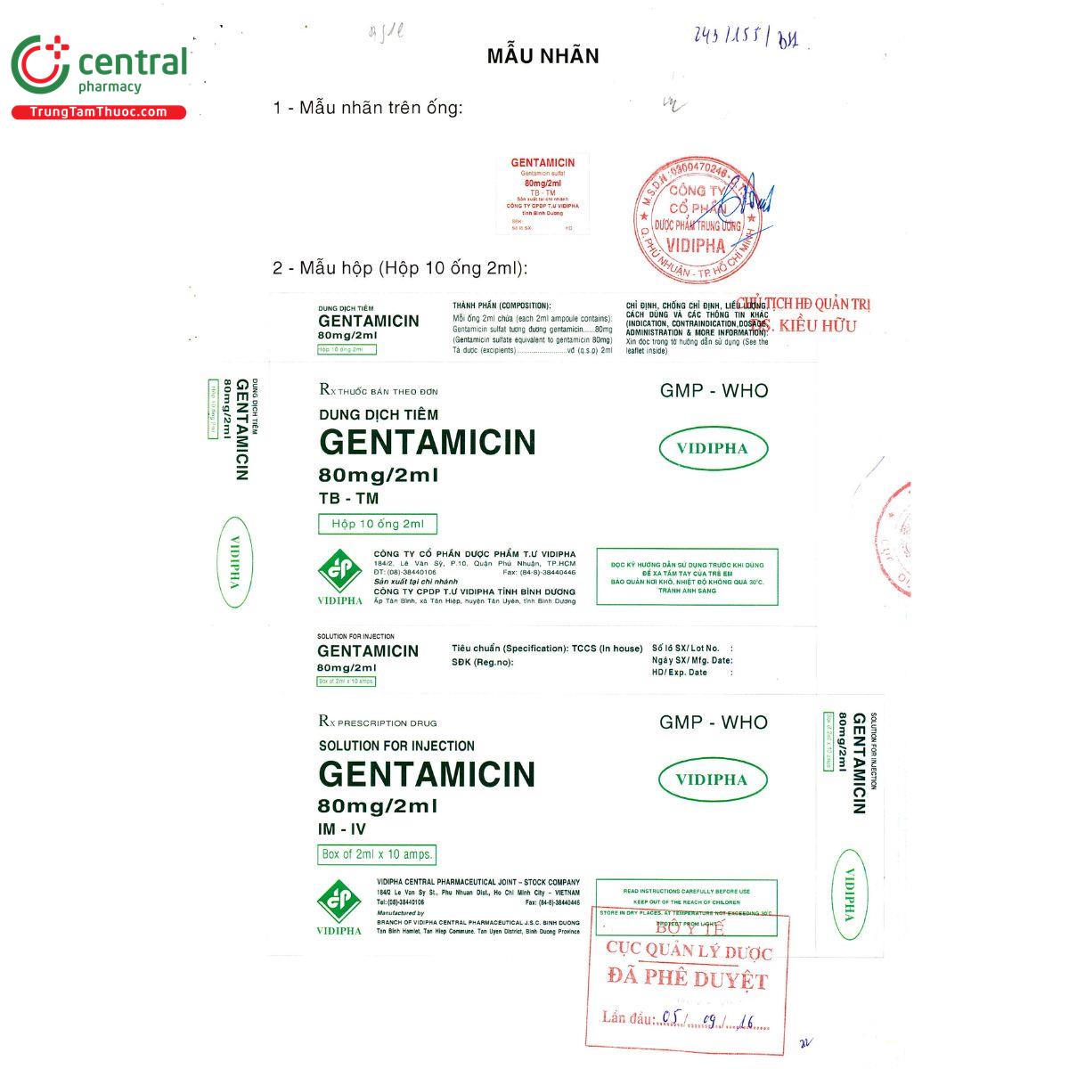 gentamicin 80mg 2ml vidipha 2 V8556