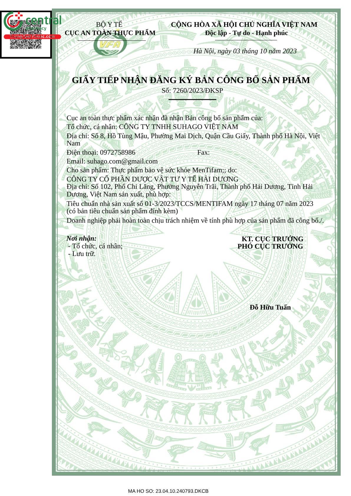 giay xac nhan cong bo san pham mentifam trungtamthuoccom pdf L4035