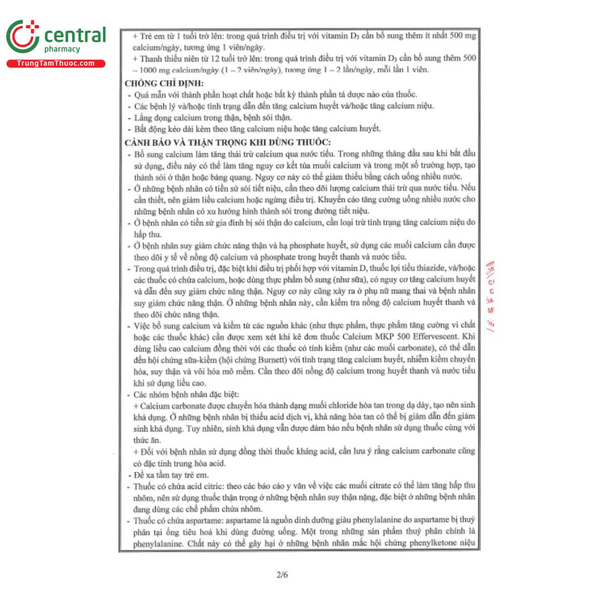 hdsd calcium mkp 500 effervescent 2 D1138