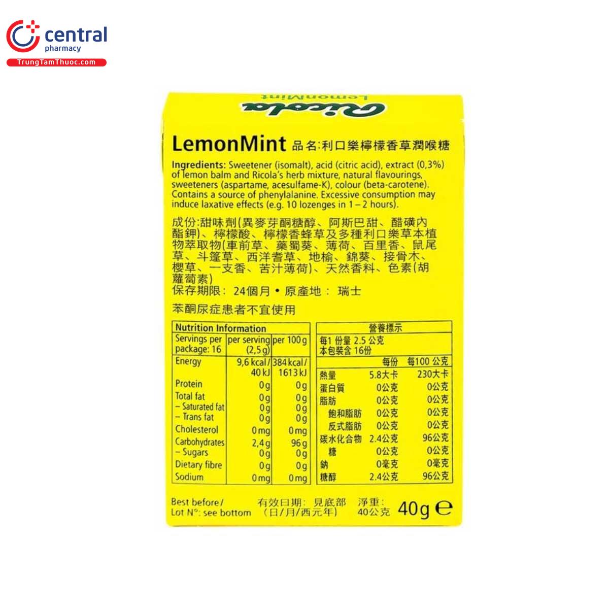 Kẹo ngậm không đường Ricola Lemont Mint 40g