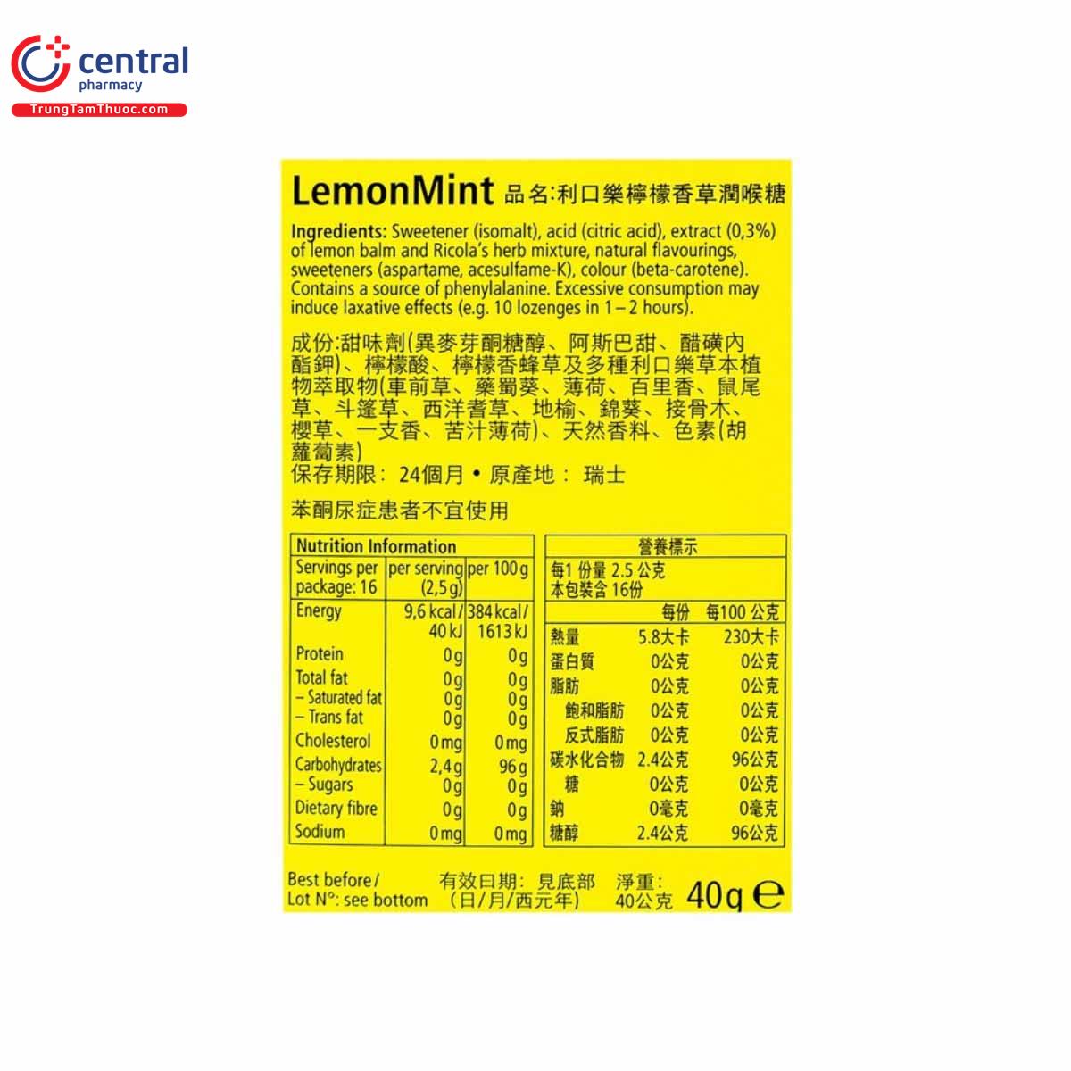 Kẹo ngậm không đường Ricola Lemont Mint 40g