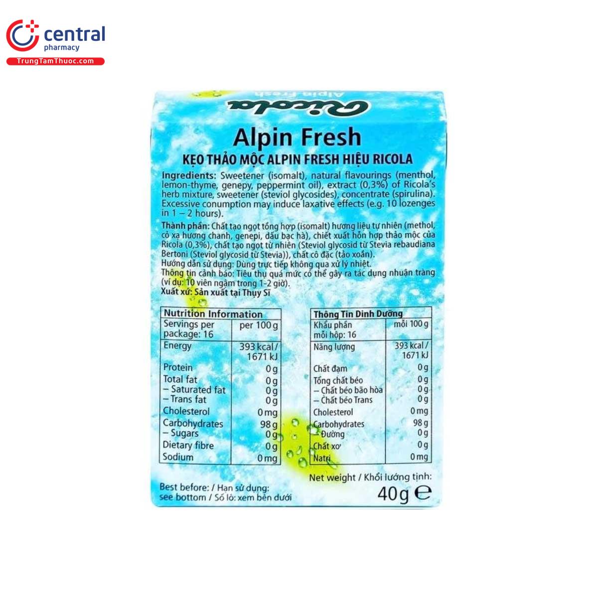 Kẹo thảo mộc không đường hương bạc hà Ricola Alpin Fresh (40g)