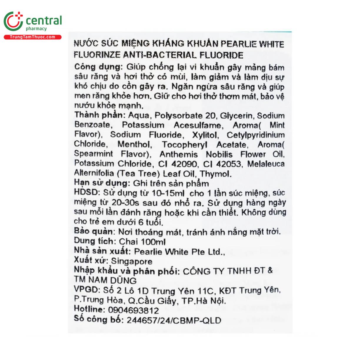 nuoc suc mieng pearlie white fluorinze anti bacterial fluoride 5 T7106