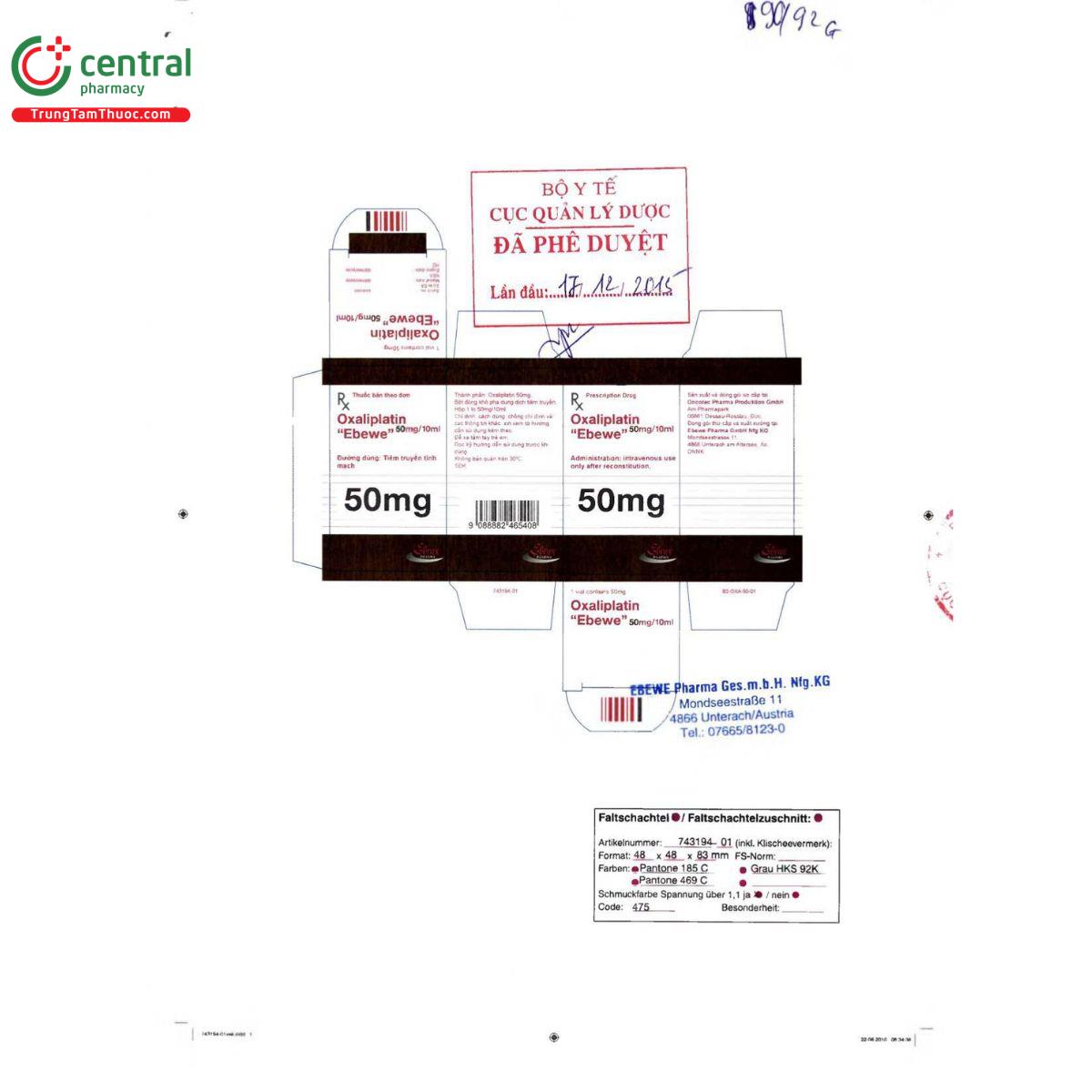 oxaliplatin ebewe 50mg 10ml 4 V8517