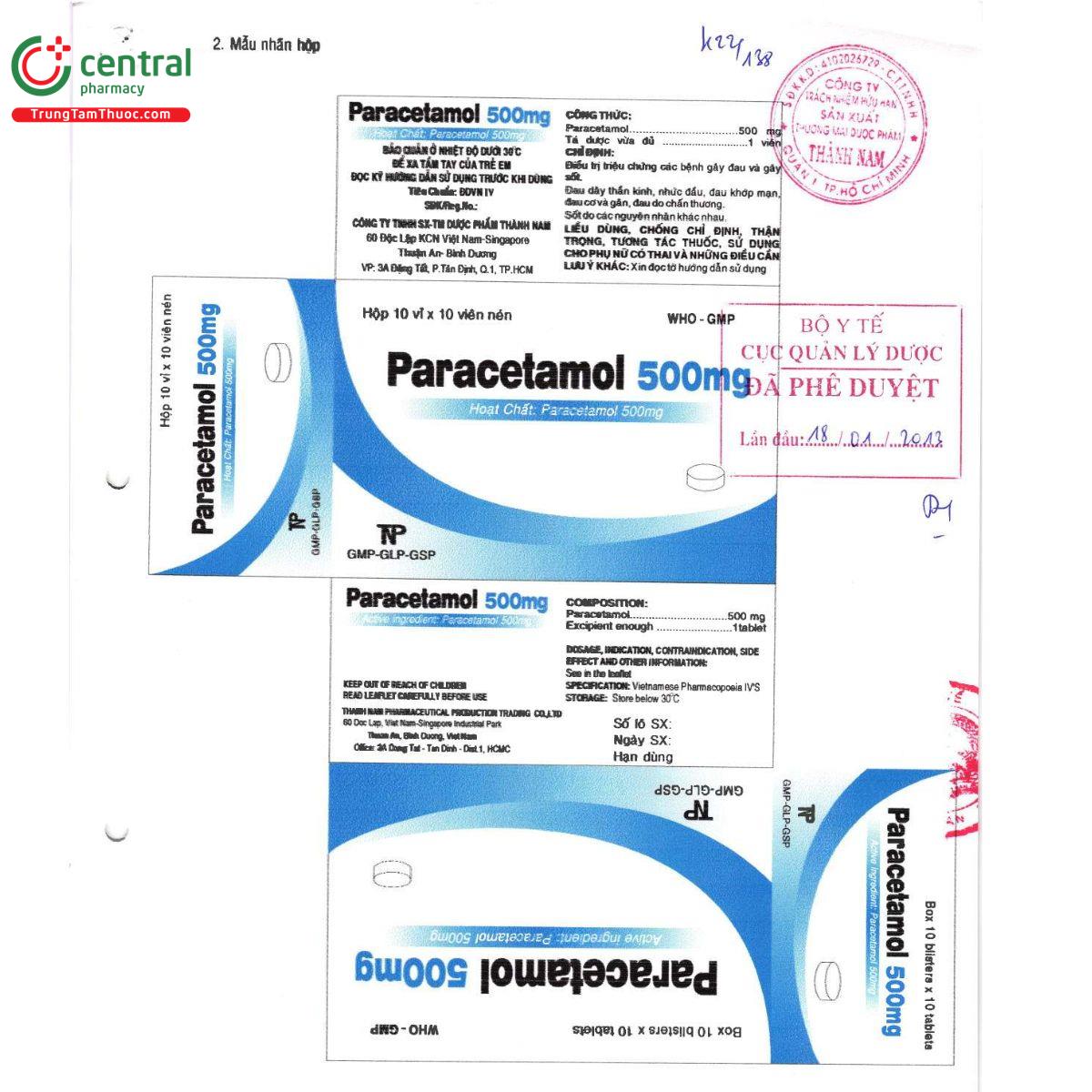 paracetamol 500mg thanh nam vien nen 2 G2150