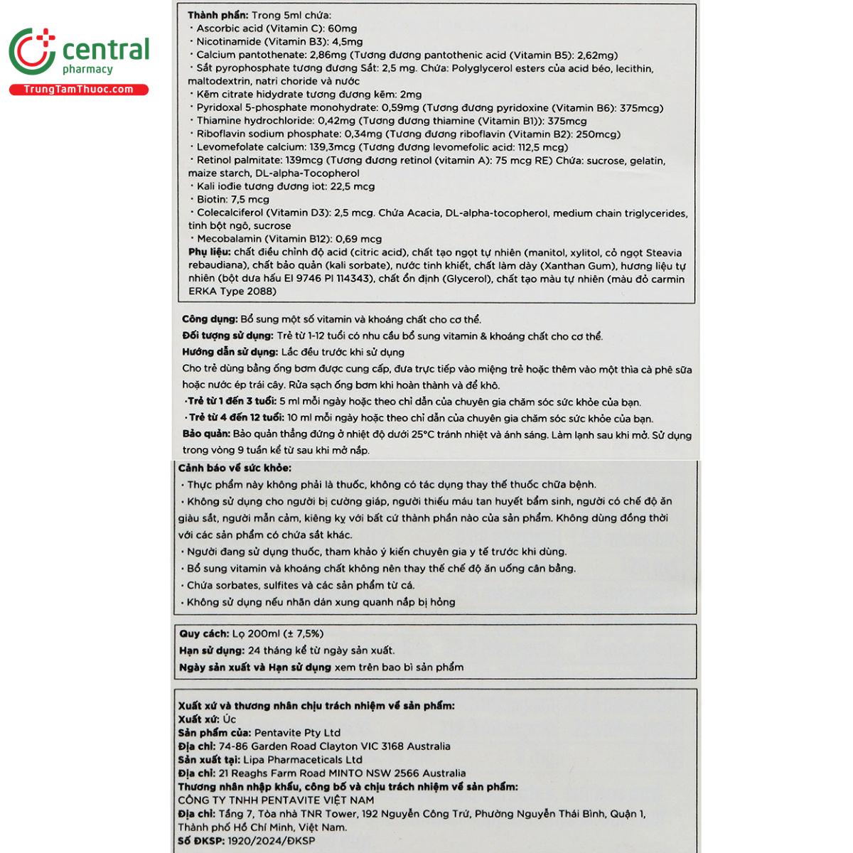 pentavite gold multivitamin iron liquid kids 13 O5783