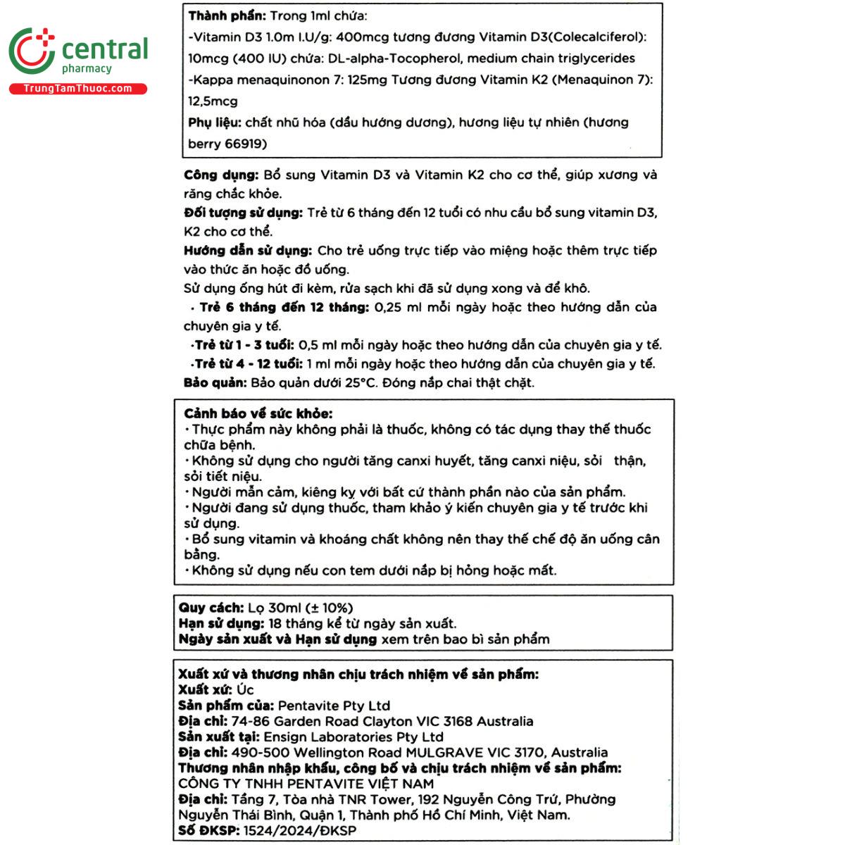pentavite vitamin d3 k2 infant and kids liquid 15 S7066