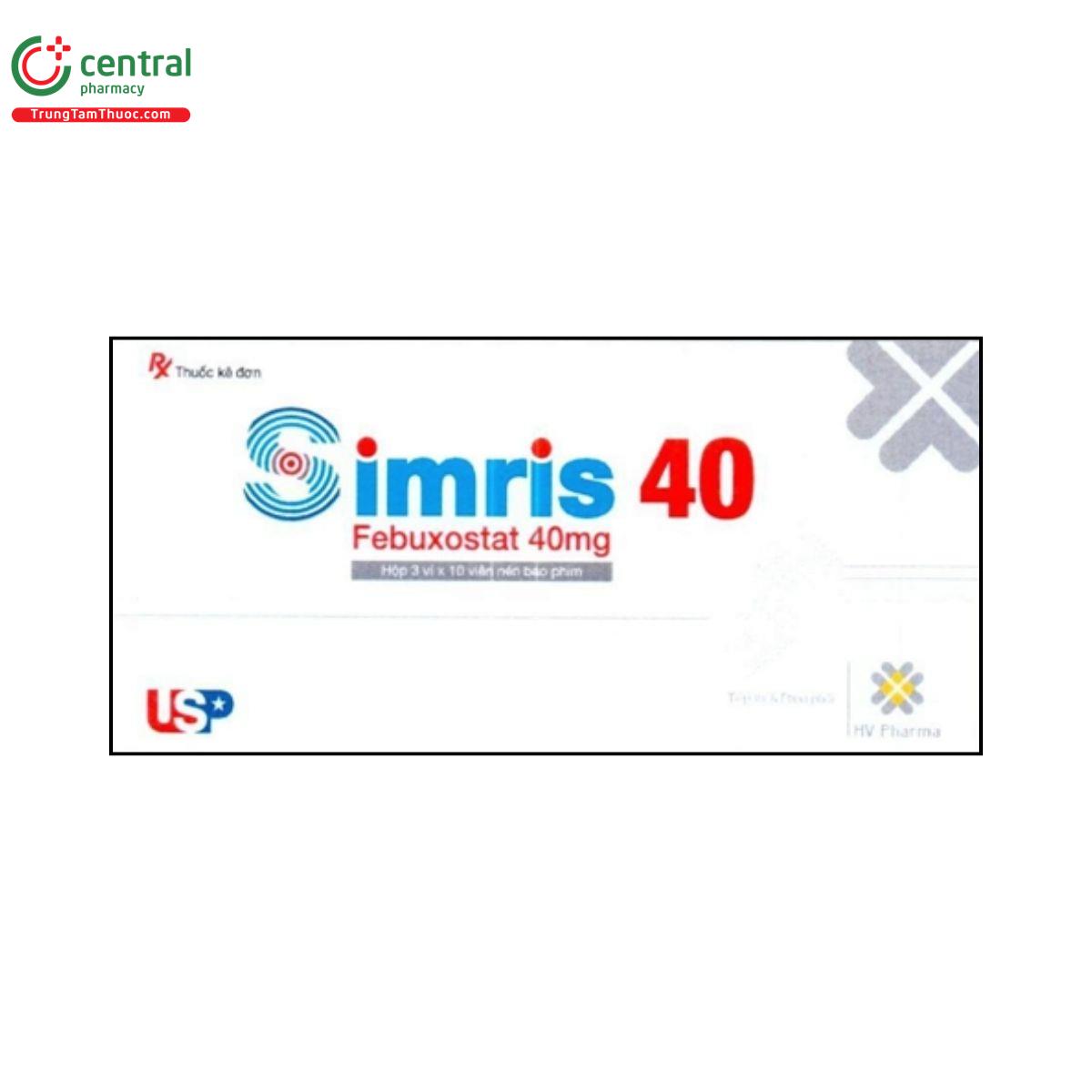 Thuốc Simris 40mg điều trị giảm acid uric, kiểm soát gút mạn