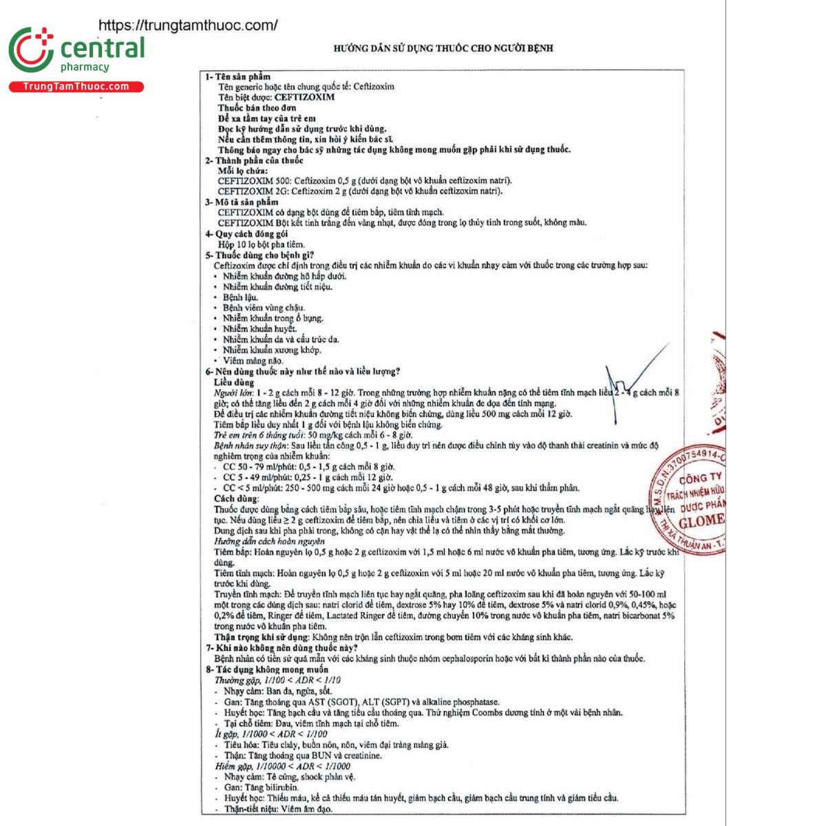 thuoc ceftizoxim 2g glomed 6 V8678 thuoc ceftizoxim 2g glomed 6 V8678