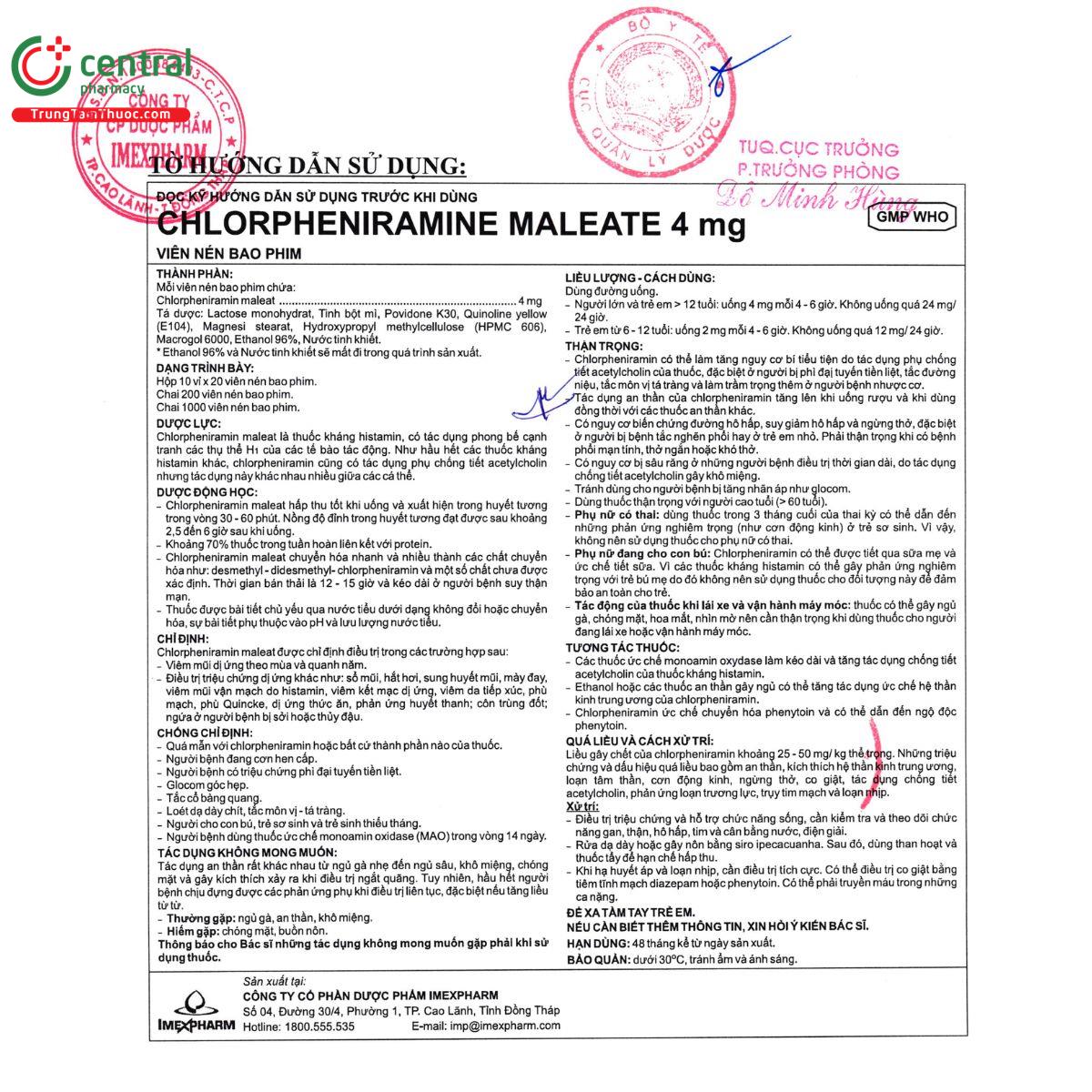 thuoc chlorpheniramine maleate 4mg imexpharm 8 T7074 thuoc chlorpheniramine maleate 4mg imexpharm 8 T7074
