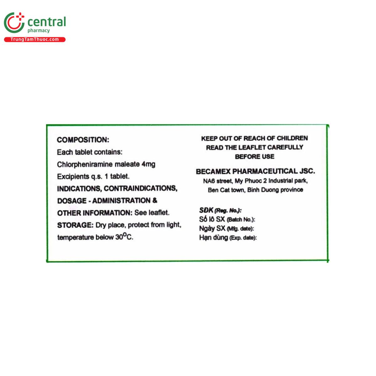 thuoc clorpheniramin 4mg becamex 3 U8533 thuoc clorpheniramin 4mg becamex 3 U8533