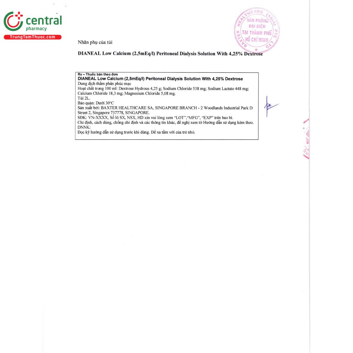 thuoc dianeal low calcium 25meq l peritoneal dialysis solution with 425 dextrose 2 J3554