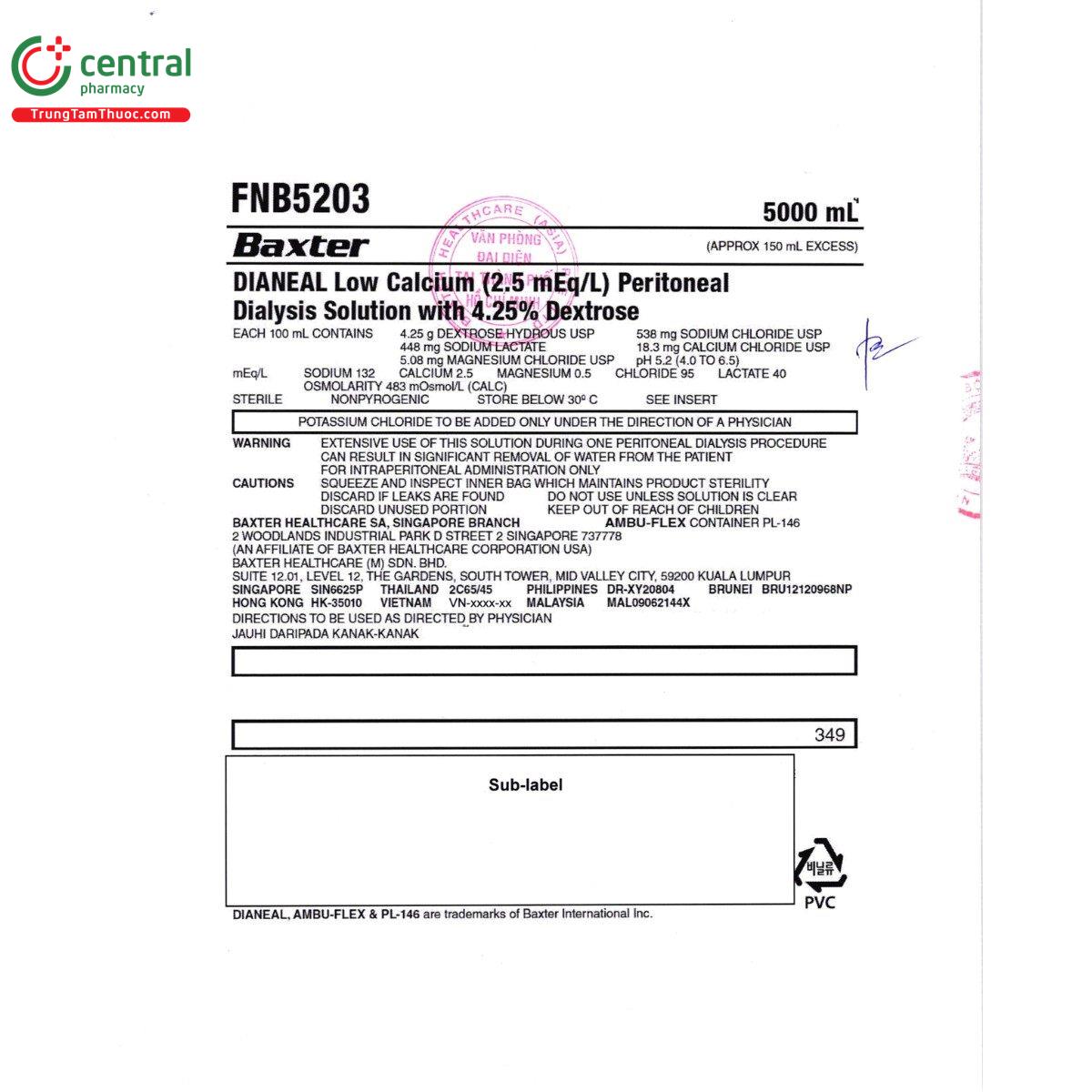 thuoc dianeal low calcium 25meq l peritoneal dialysis solution with 425 dextrose 3 K4541