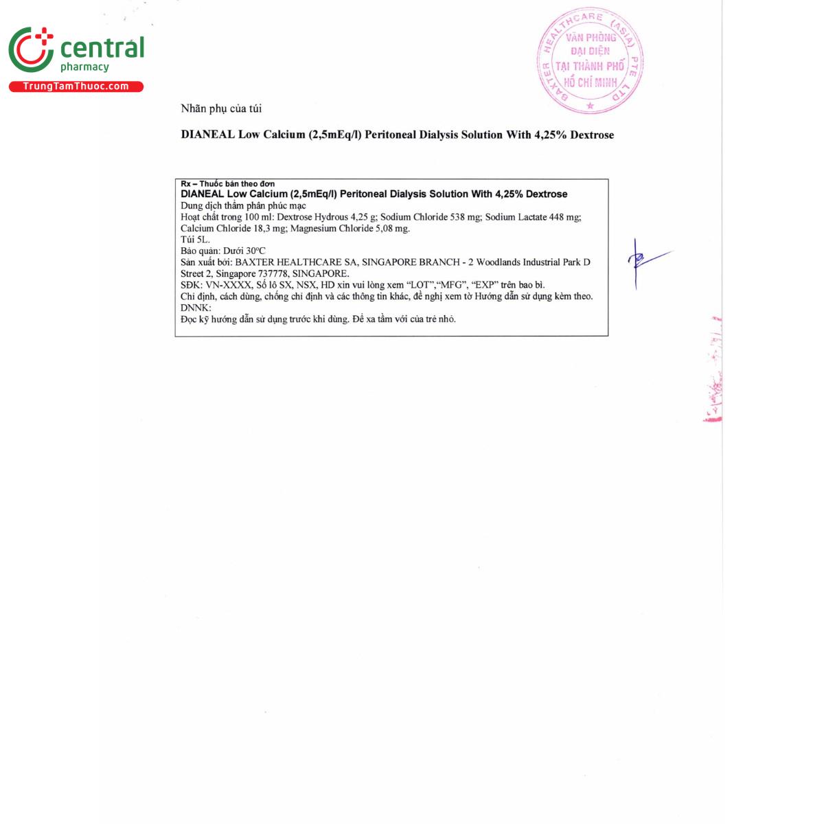 thuoc dianeal low calcium 25meq l peritoneal dialysis solution with 425 dextrose 4 A0356