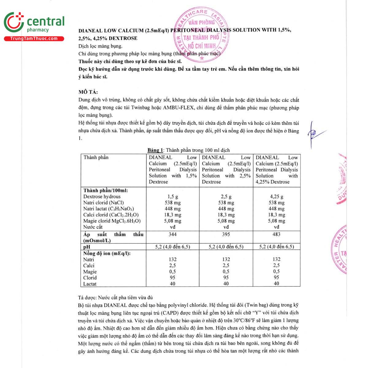 thuoc dianeal low calcium 25meq l peritoneal dialysis solution with 425 dextrose 5 B0334