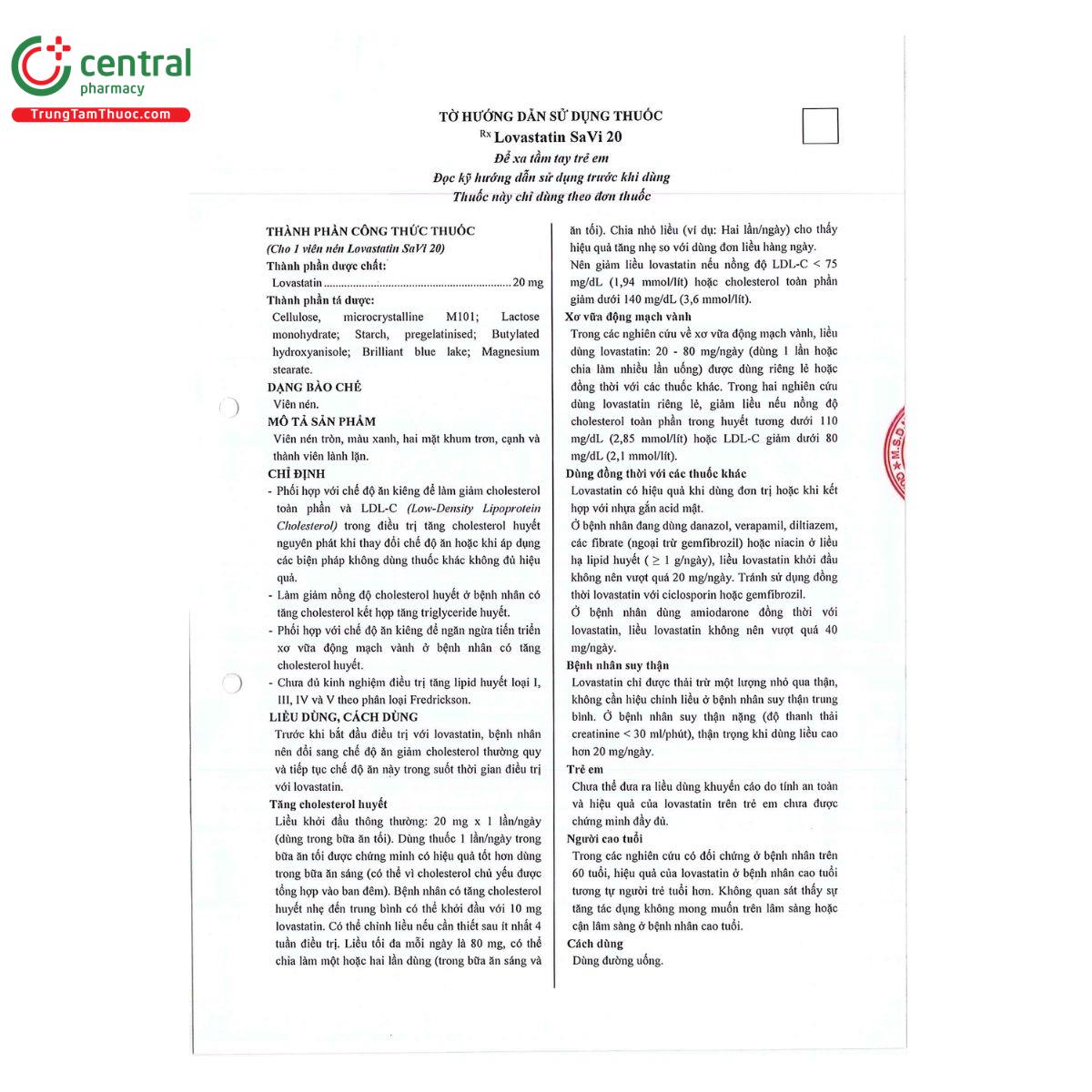 thuoc lovastatin savi 20 4 B0663 thuoc lovastatin savi 20 4 B0663