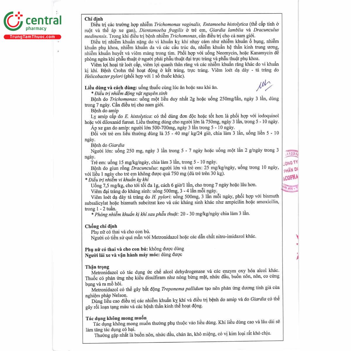 thuoc metronidazol 250 vacopharm 4 H3015 thuoc metronidazol 250 vacopharm 4 H3015
