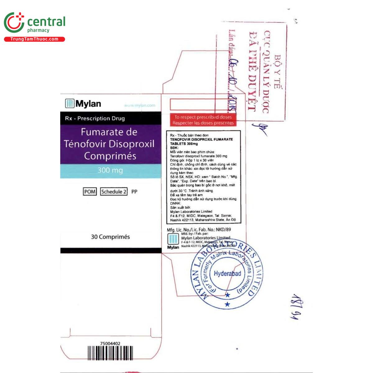 thuoc tenofovir disoproxil fumarate tablets 300mg mylan 9 T7600 thuoc tenofovir disoproxil fumarate tablets 300mg mylan 9 T7600