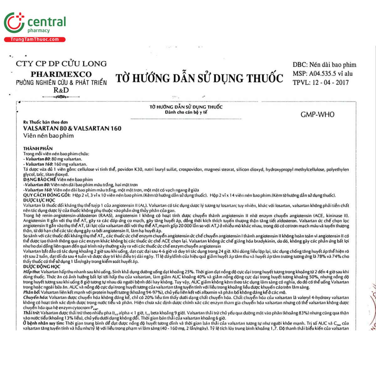thuoc valsartan 160 pharimexco 3 O5460 thuoc valsartan 160 pharimexco 3 O5460
