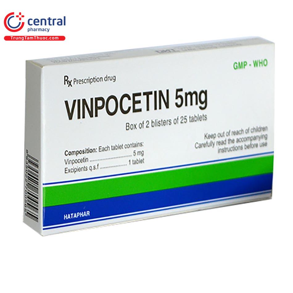 VINPOCETIN 5MG HỘP THUỐC MÀU TRẮNG XANH TRÊN NỀN NHÀ THUỐC